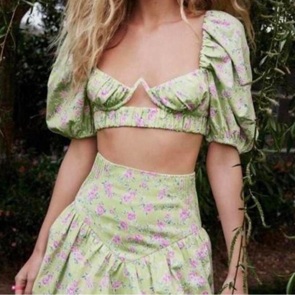 Floral Puff Sleeve Crop Top - Green and Purple